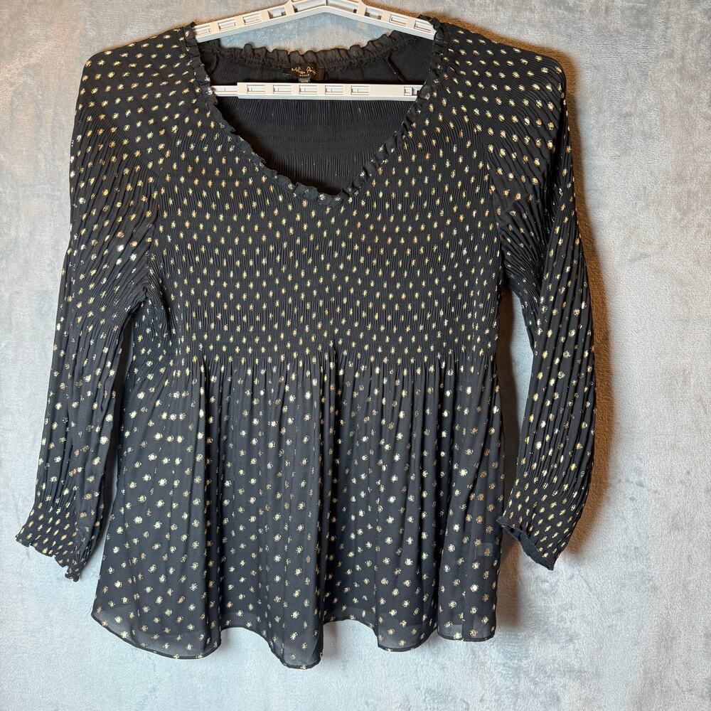 Melissa Paige 1X Black Gold Polka Dot Smocked Peplum Blouse Boho Stretch Top - Picture 2 of 7